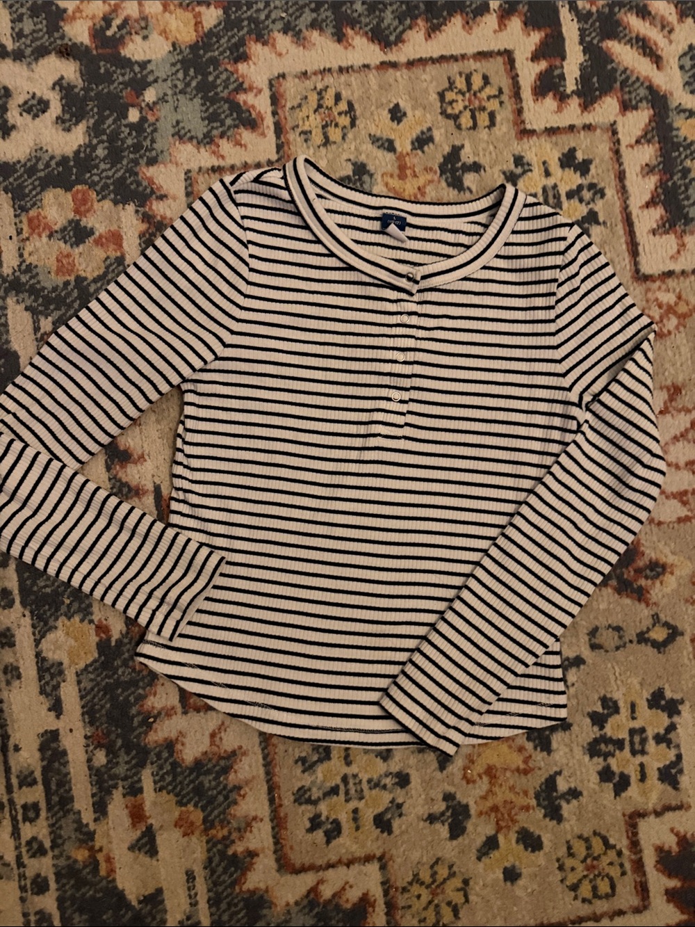 Old Navy Black & White Striped Henley Long Sleeve Top
